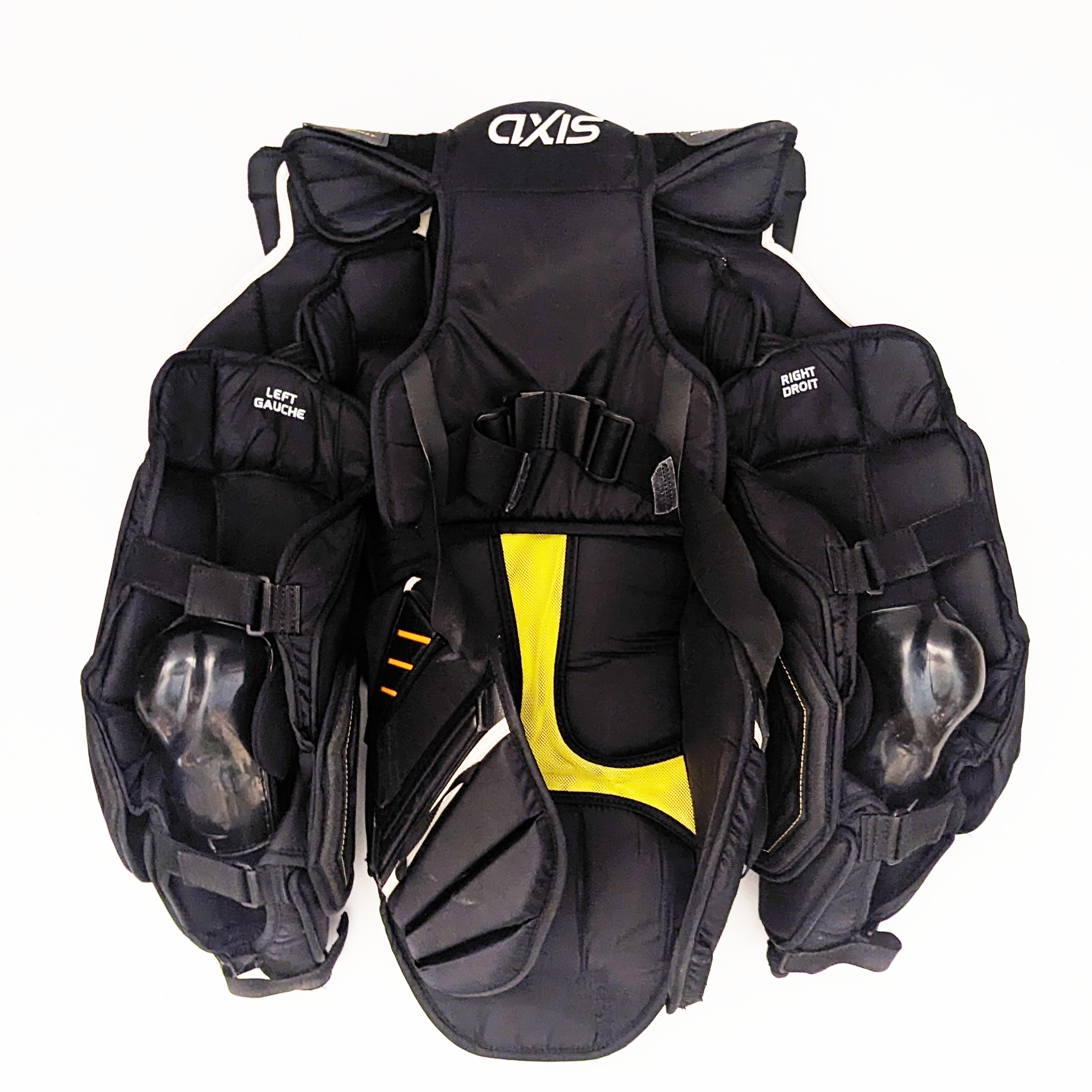 CCM Axis - Plastron de gardien de but Pro Stock d'occasion avec bras Premier (noir/jaune)